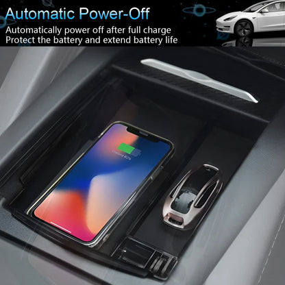 Black wireless charging storage box with QI compatibility and fast charging capability