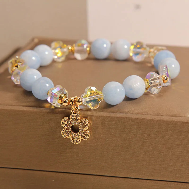 Women's natural aquamarine crystal bracelet featuring a light luxury clover design and pearl accent details, adjustable clasp, crystal jewellery for daily wear or gifts