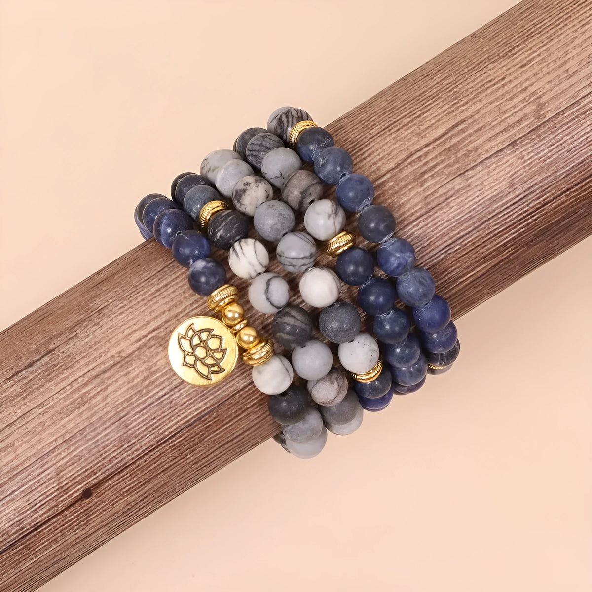 Blue patterned network stone beads multi-layer bracelet with alloy components in natural style