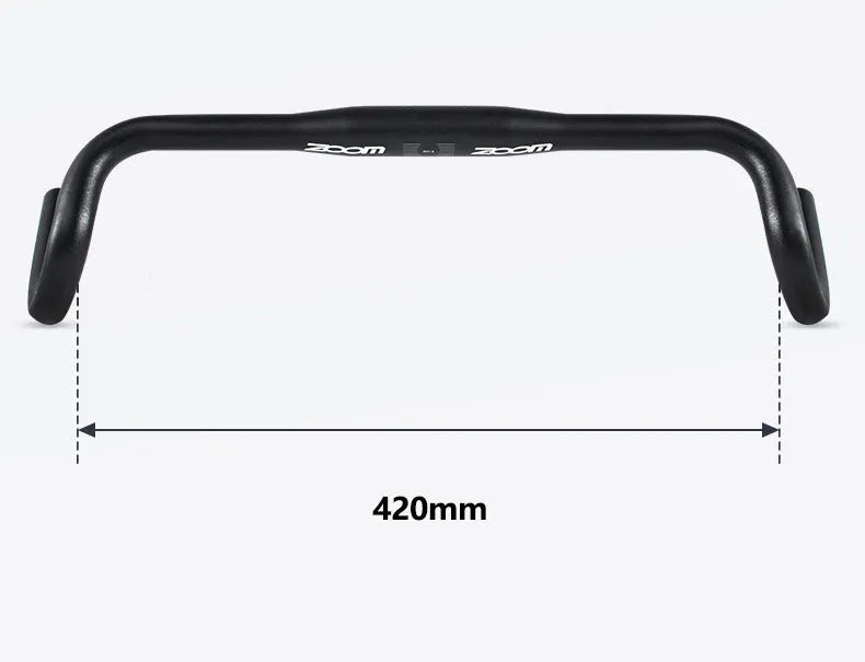 Black aluminium alloy road bike bent handlebar showing 420mm width and 31.8mm clamp area