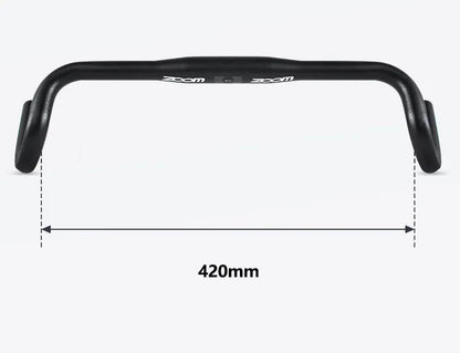 Black aluminium alloy road bike bent handlebar showing 420mm width and 31.8mm clamp area