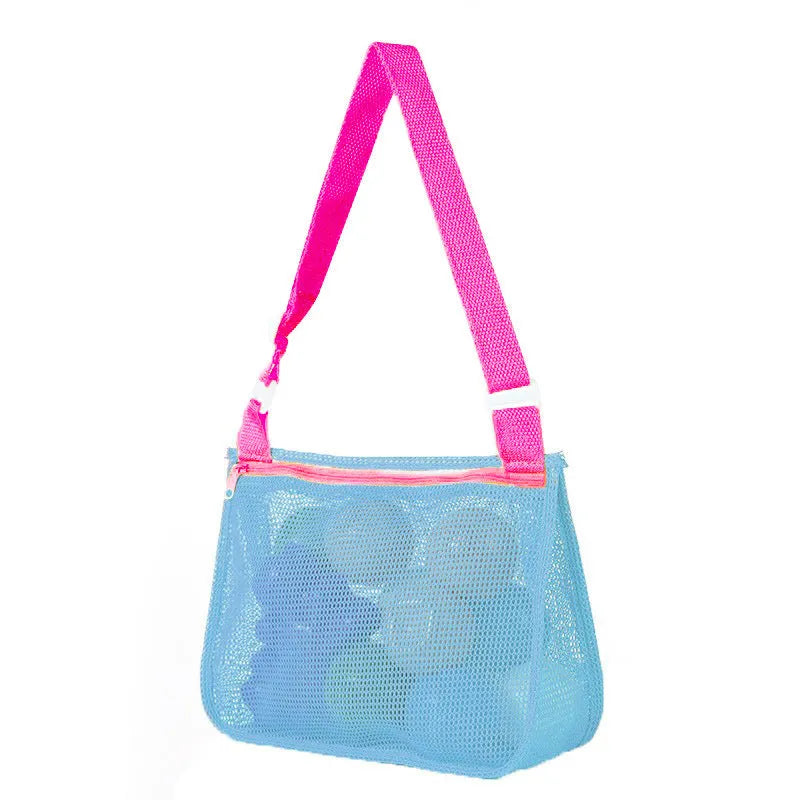 Blue children's drawstring travel storage bag made of nylon mesh for organising toys and clothes.