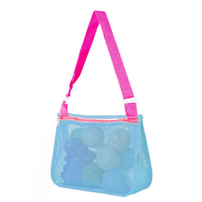 Blue children's drawstring travel storage bag made of nylon mesh for organising toys and clothes.