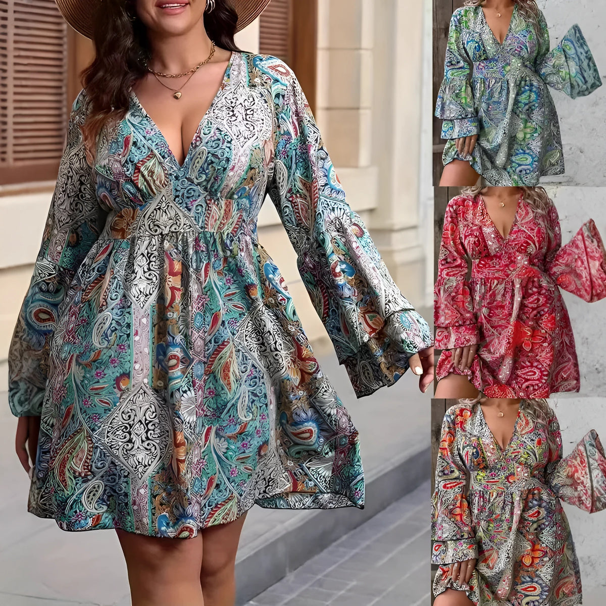 Plus size women's dress with bell sleeves and V-neck in bohemian style
