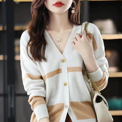 Women's black and white striped V-neck button cardigan with a 3D pattern and slim fit.