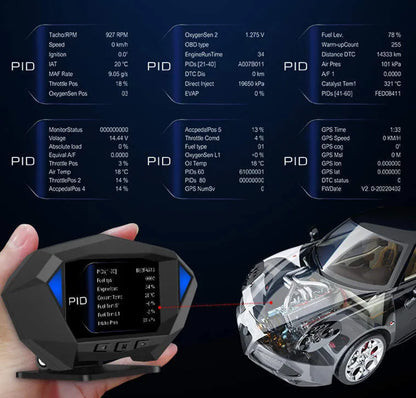 P1 black HUD display unit with OBD cable on a car dashboard