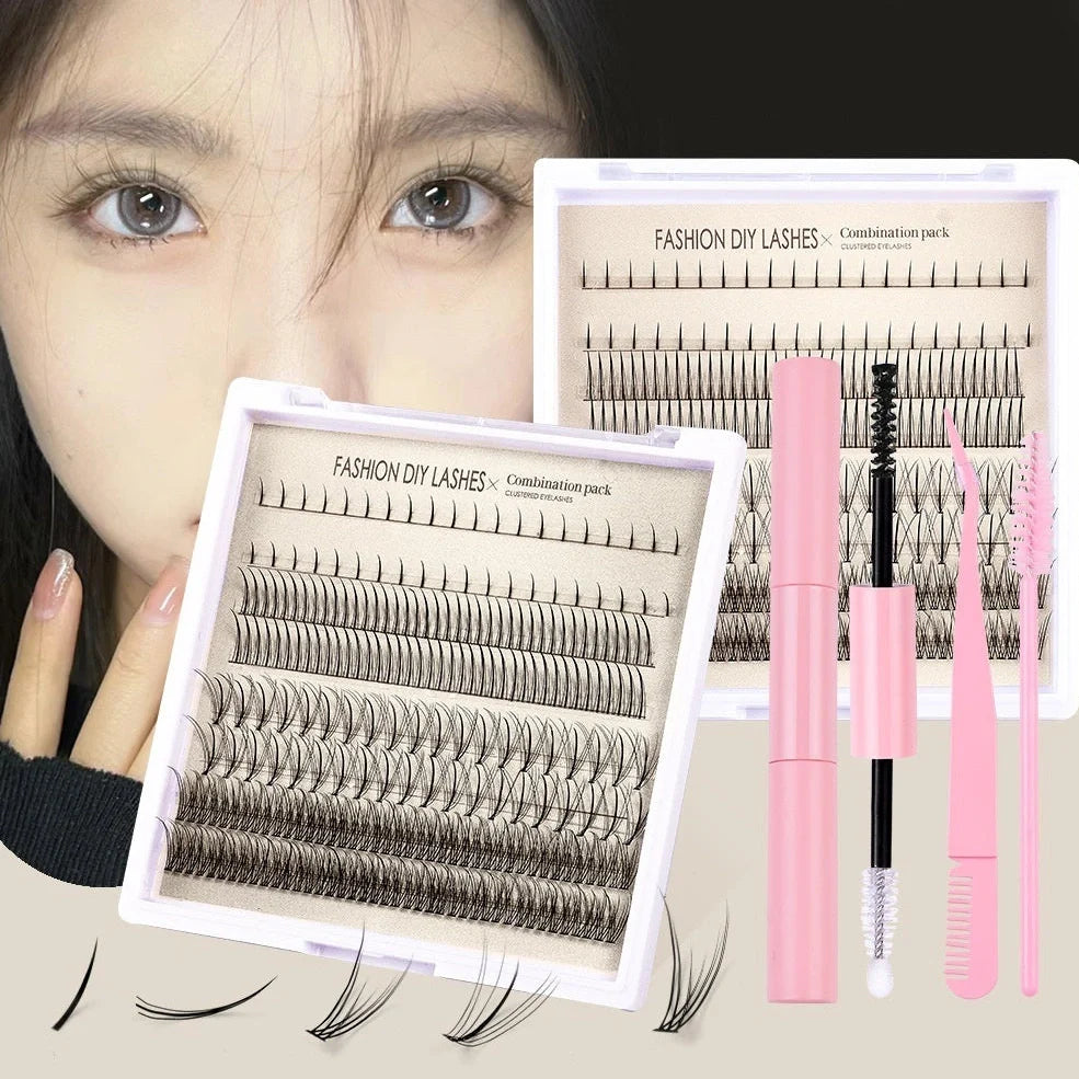 Segmented false eyelash set with single-cluster lashes, two glue bottles, tweezers, and application brush on pink background