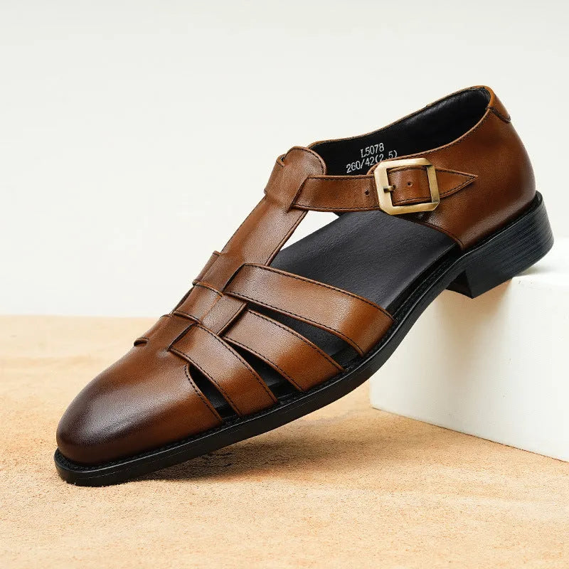 Men's black genuine leather retro business sandals with a rubber sole and pigskin lining.