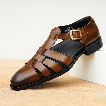 Men's black genuine leather retro business sandals with a rubber sole and pigskin lining.