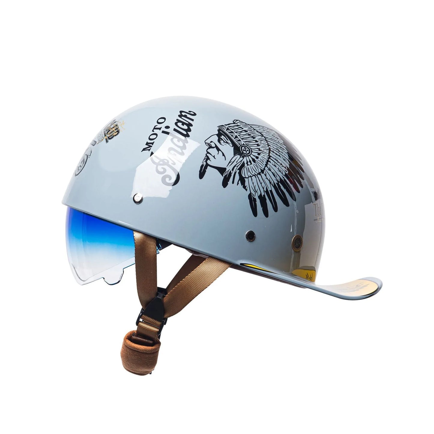Electric bicycle helmet with retro half design in bright black gradient blue colour, showing ABS material construction and gradient lens