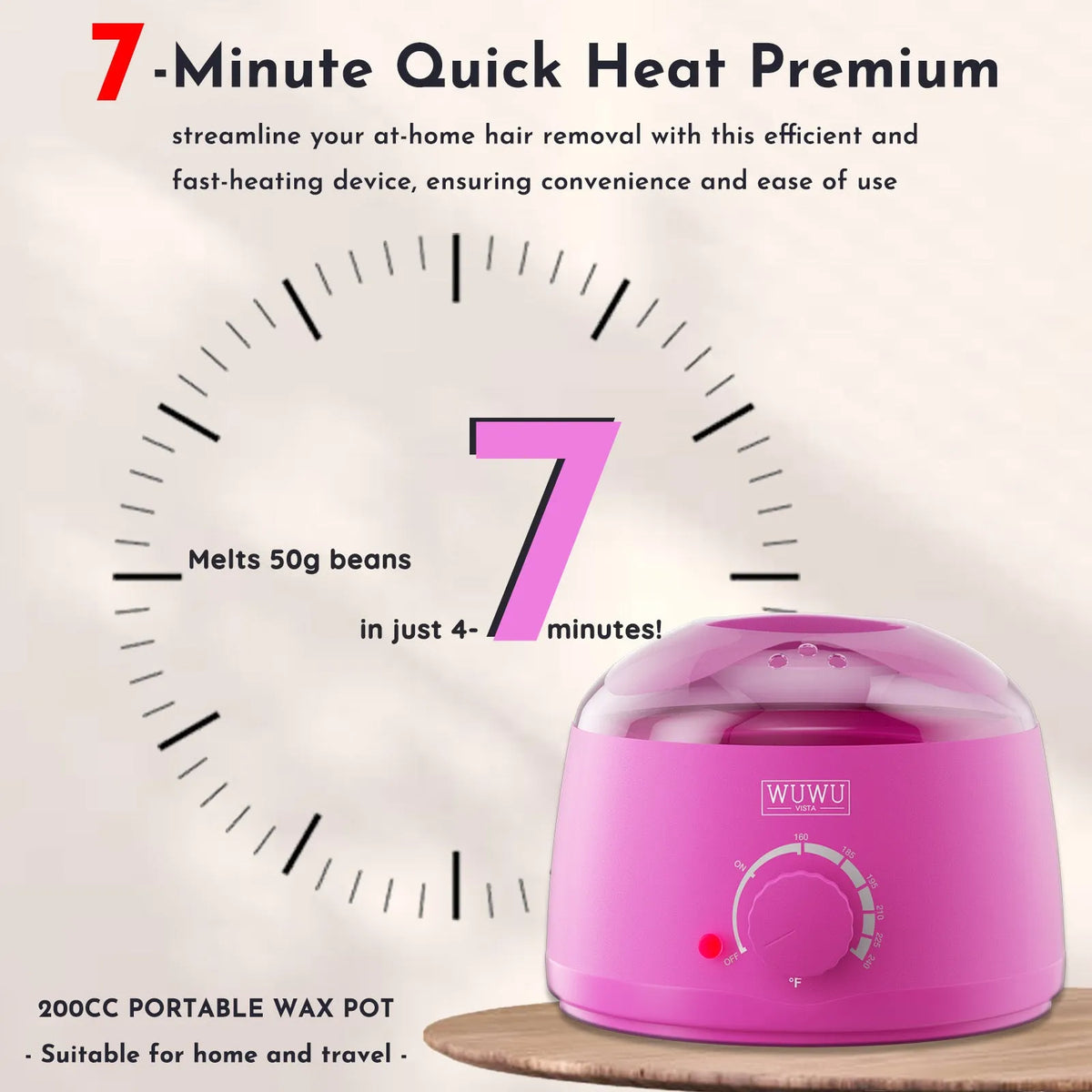 27-piece hypoallergenic wax kit showing 4-colour wax beads, face and body sticks, wax machine, and multilingual guidebook