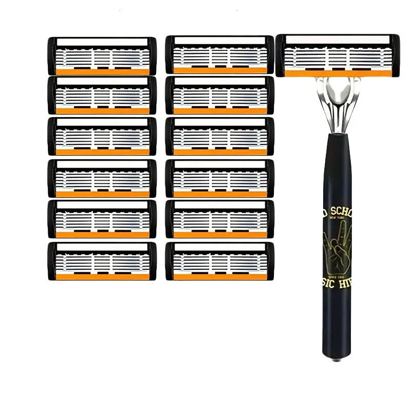 Black manual shaver finger handle with six-layer blade design showing multiple blade configurations