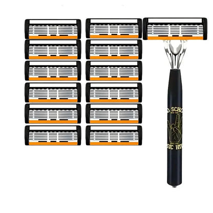 Black manual shaver finger handle with six-layer blade design showing multiple blade configurations