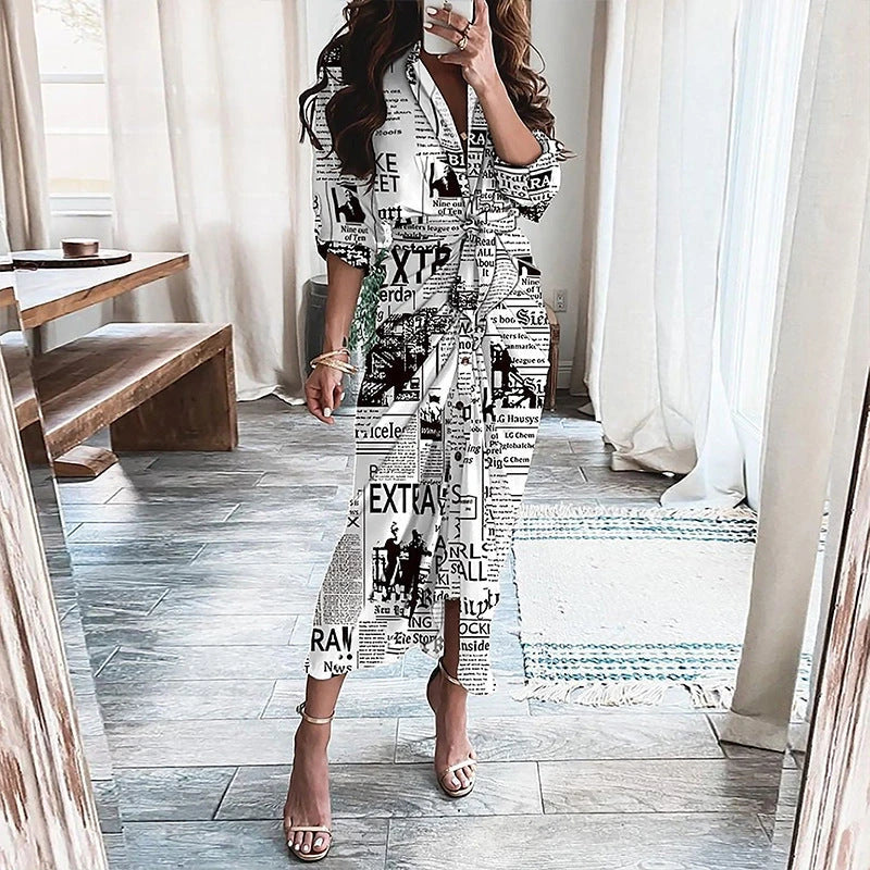 Elegant European and American printed maxi dress with long sleeves and lace-up detailing in various floral prints and colors