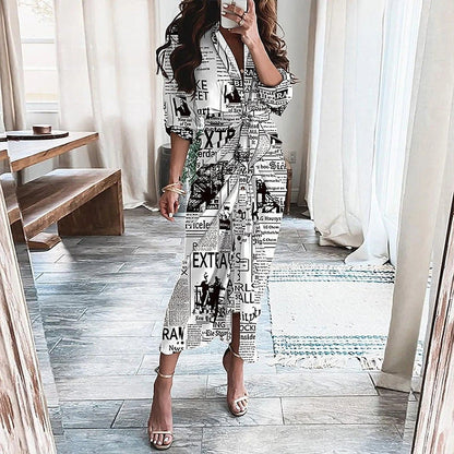 Elegant European and American printed maxi dress with long sleeves and lace-up detailing in various floral prints and colors