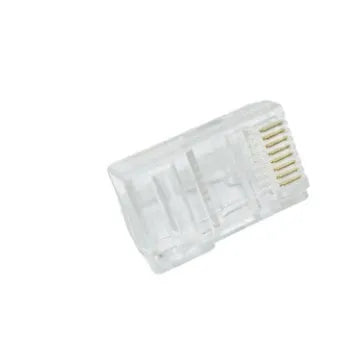 White RJ45 network modular plug with gold-plated contacts, shown alongside a pack of 1000 units.