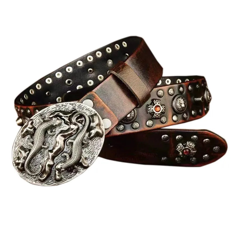 Men's punk style leather belt with metal rivet detailing on genuine leather strap with alloy buckle