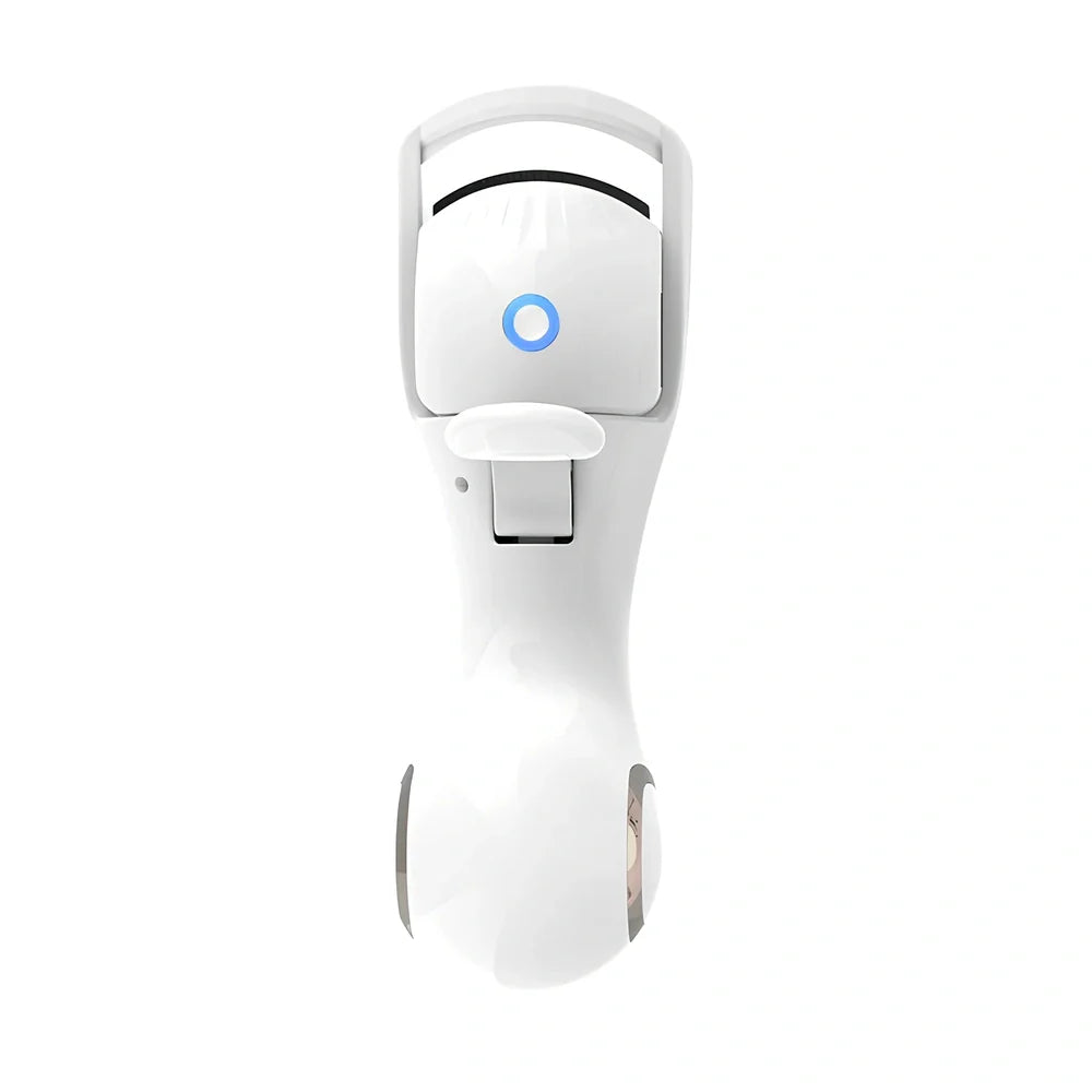 Pink and white electric eyelash curler with USB charging cable and temperature control settings