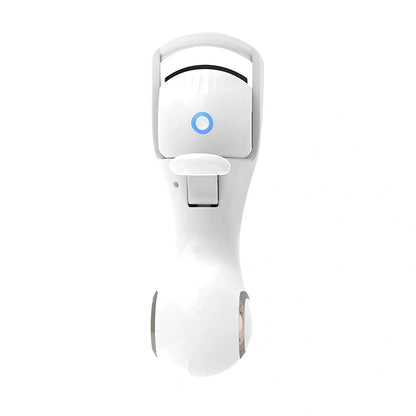 Pink and white electric eyelash curler with USB charging cable and temperature control settings