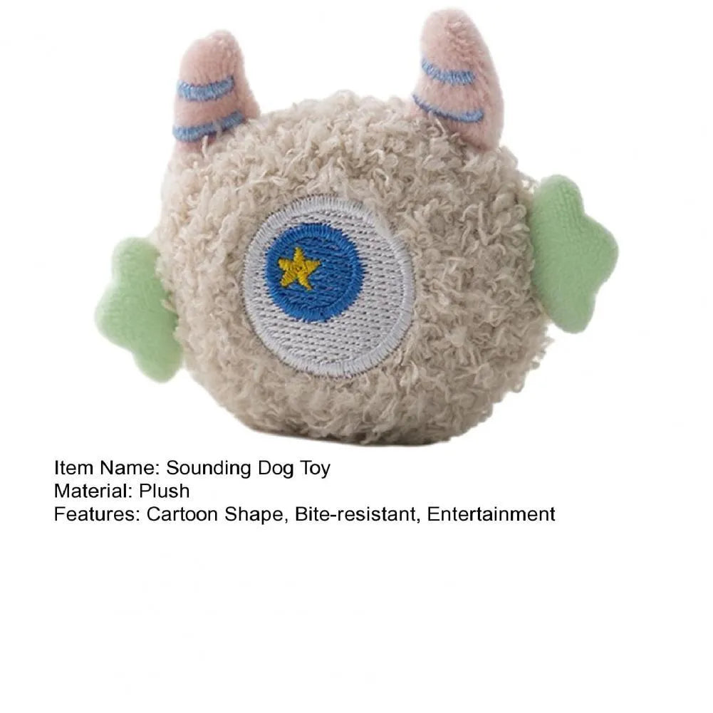 Plush cartoon dog chew toy with large eyes and squeaker in grey, green, pink, white or yellow
