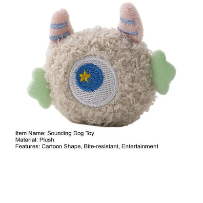 Plush cartoon dog chew toy with large eyes and squeaker in grey, green, pink, white or yellow
