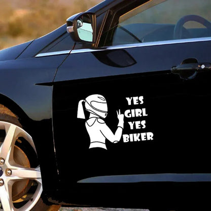 Cool Girl Rider waterproof car sticker measuring 16cm by 15cm in black, white, and laser colour options