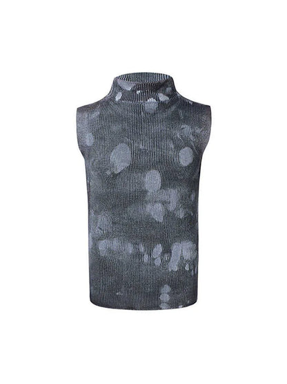 Men's black silver pastebrushing sleeveless t-shirt with stand collar and wool vest styling
