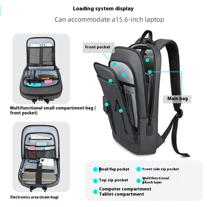 Men's lightweight Oxford cloth backpack in dark grey, olive green, blue or black for business travel