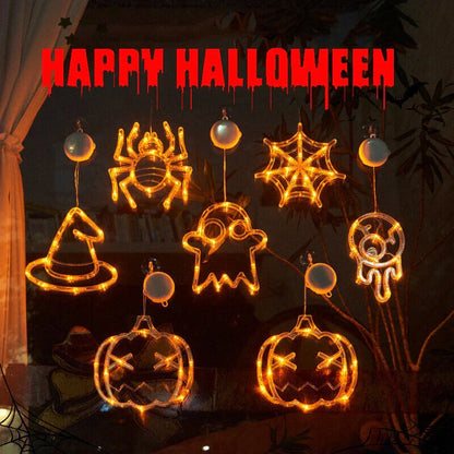 Spooky Halloween window lights featuring ghostly silhouettes, carved pumpkins, and creepy spiders for festive seasonal decor