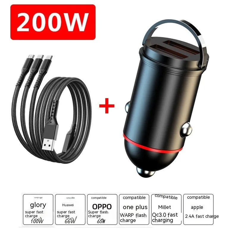 200W Car Charger with Zinc Alloy Construction and USB Output Interface in Black Finish for Fast Charging of Multiple Devices While Driving