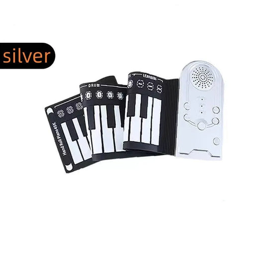 49-key portable folding electronic keyboard in gloss black, showing hand-roll design and compact 28cm size
