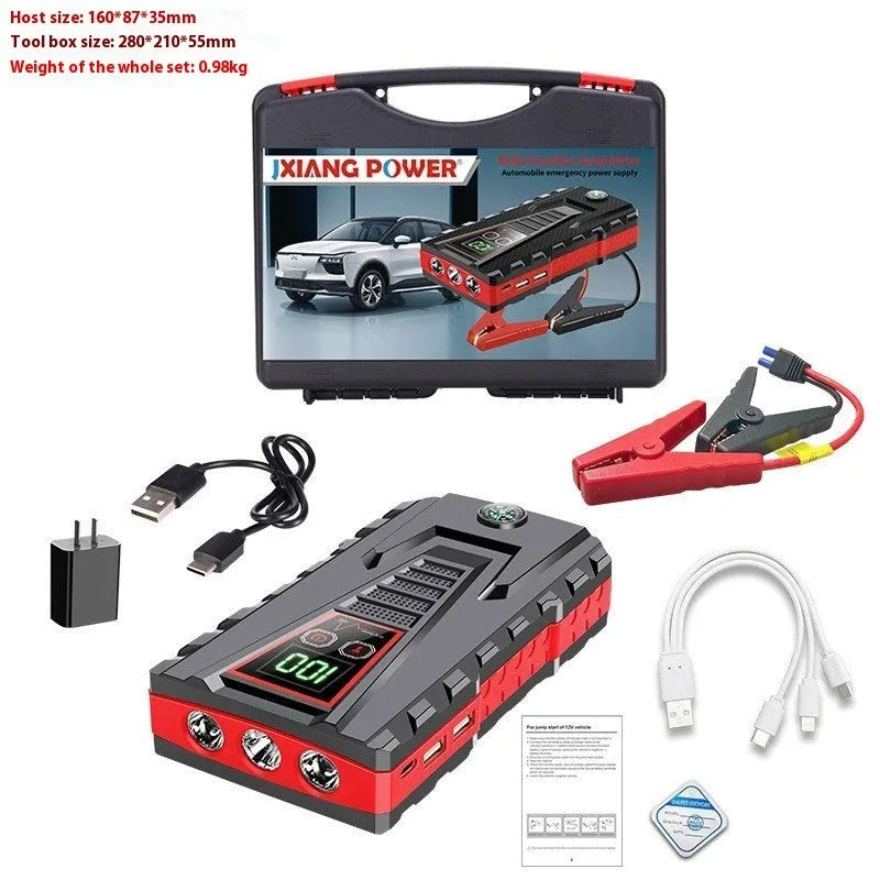 Black emergency starting power supply with 6000mAh battery, 600A starting current, and included battery clamp and USB cable.