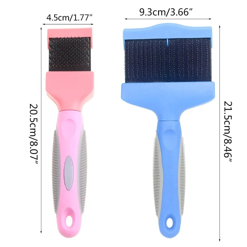 Blue double-sided pet brush for dogs and cats with stainless steel pins on a wooden table