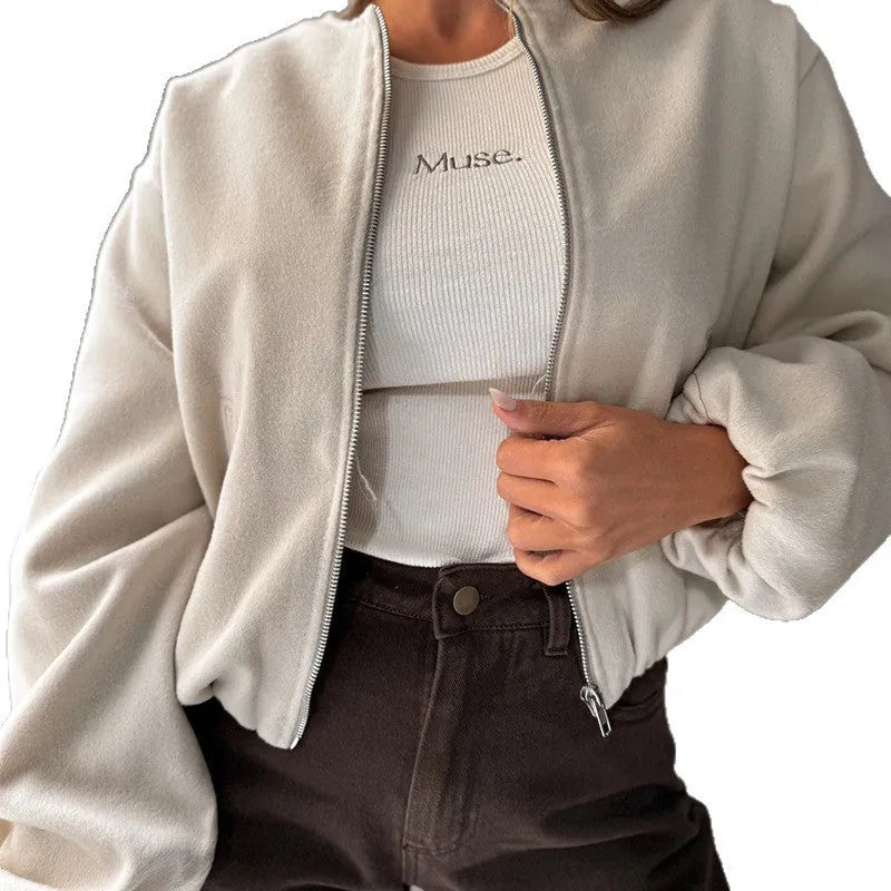 Brown women's loose casual jacket with off-shoulder neck and long lantern sleeves.