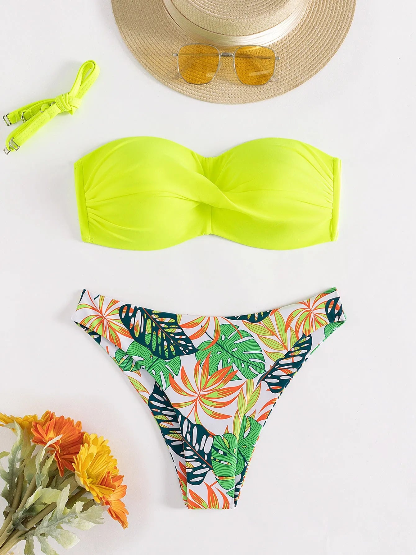 Green split push-up bikini swimsuit set with matching hard storage bag