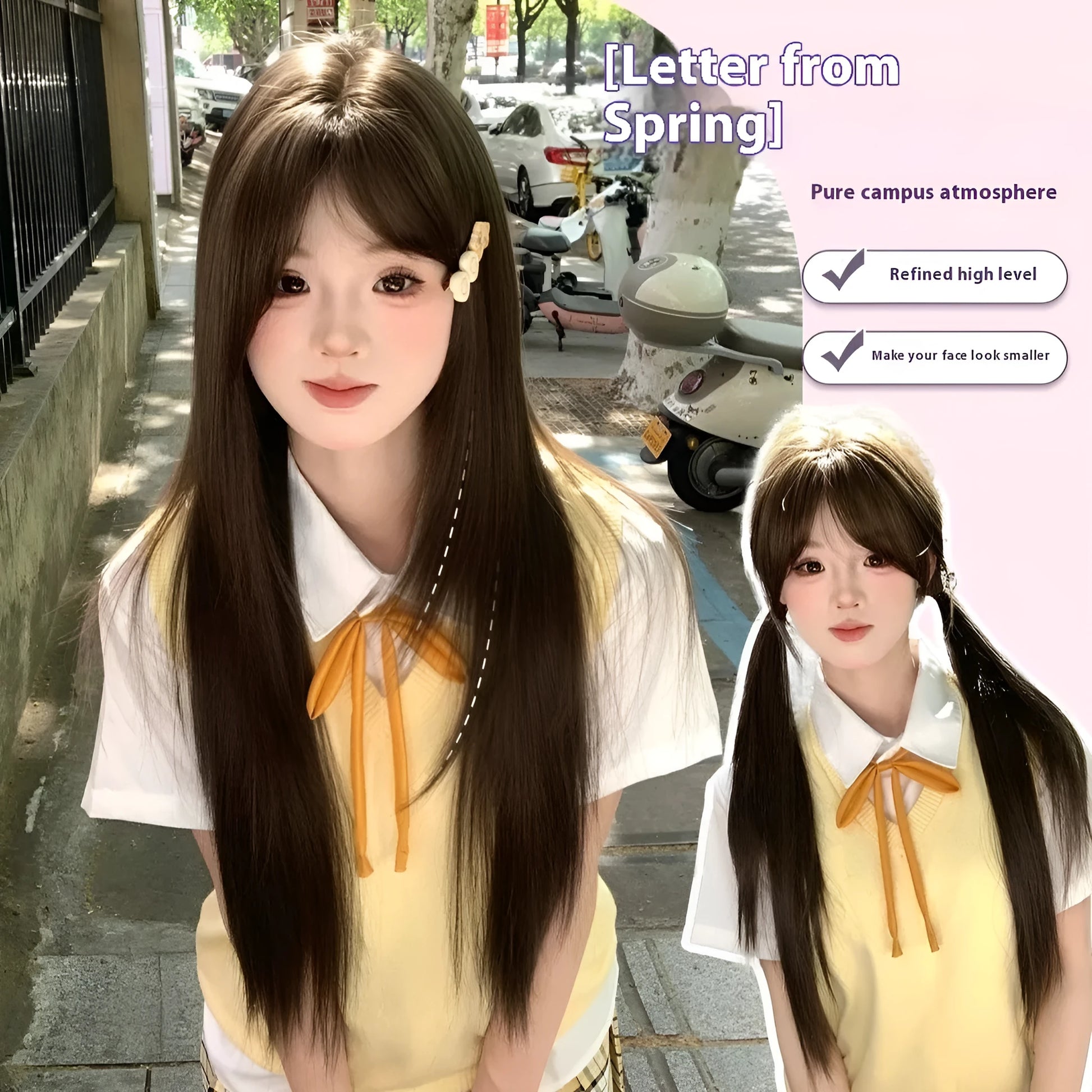 Long straight full-head synthetic wig in brown shades for skin treatment coverage