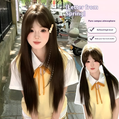 Long straight full-head synthetic wig in brown shades for skin treatment coverage