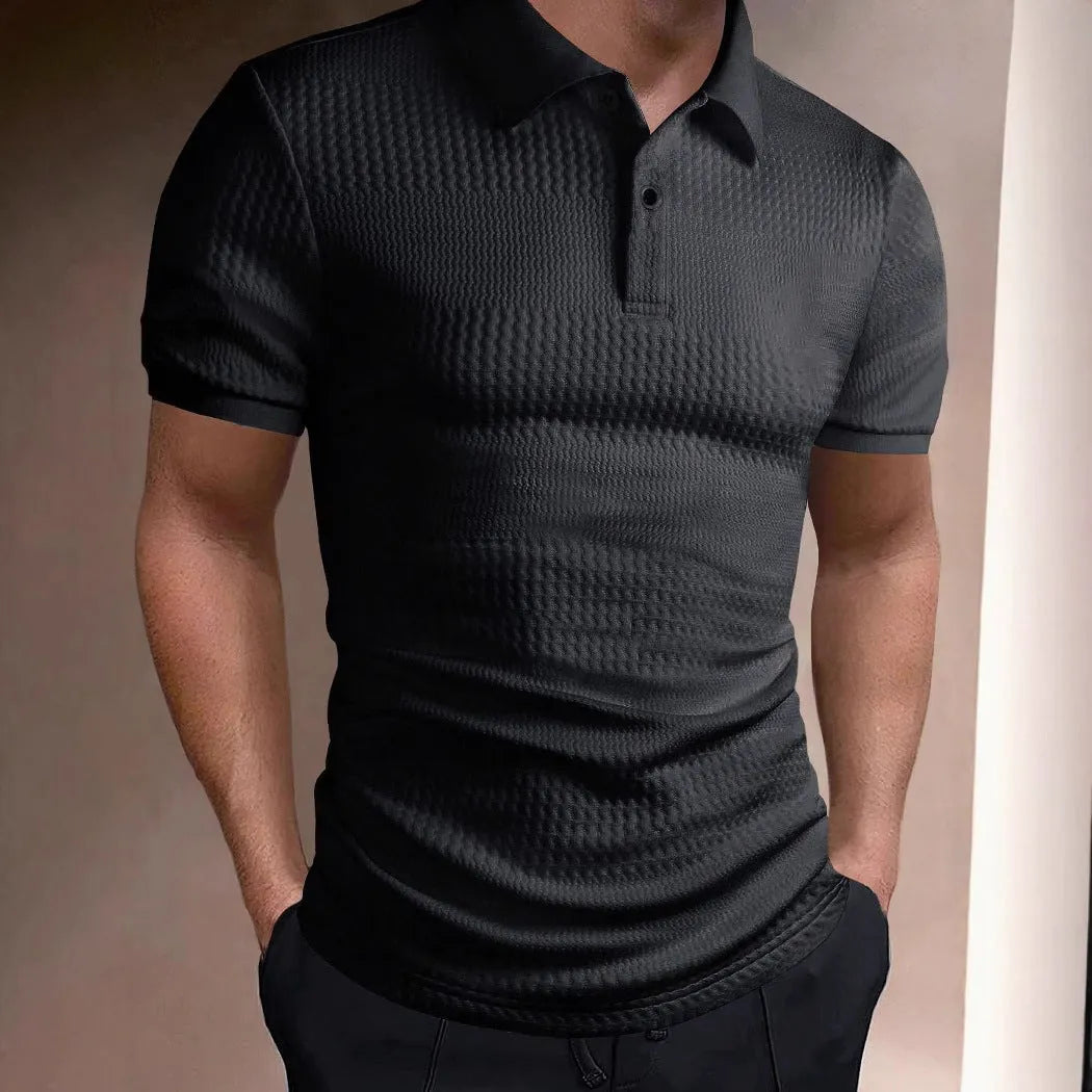Men's striped loose fit polo shirt with short sleeves and asymmetric design detail in light blue.