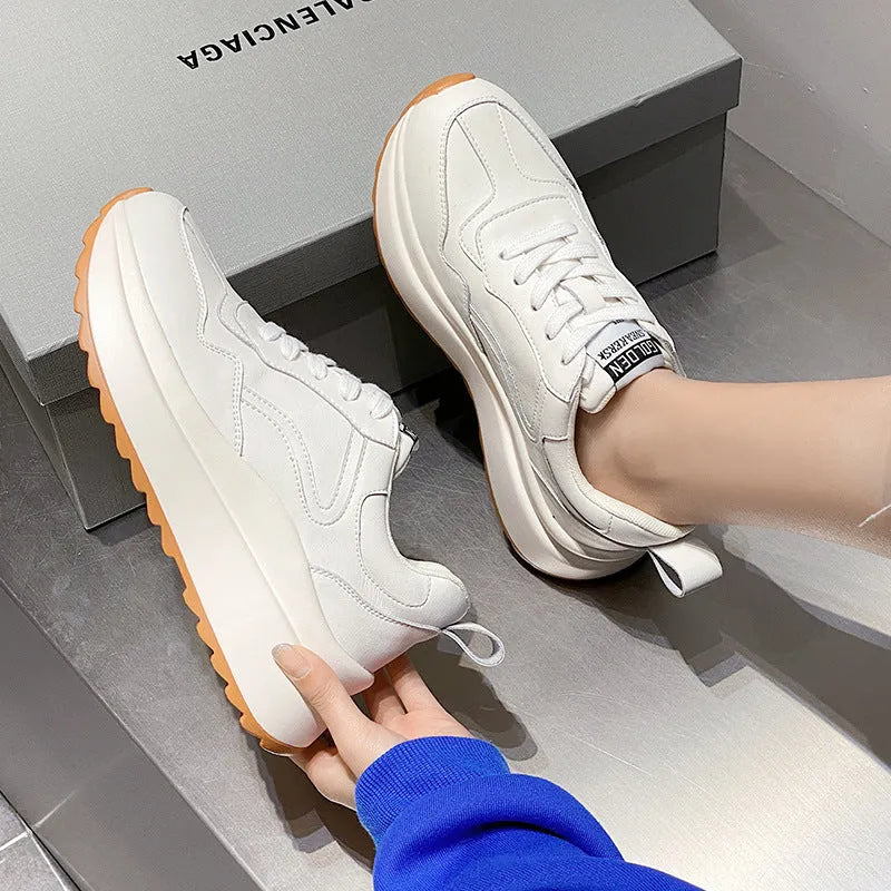 Beige women's low-top casual sports shoes made from cattlehide leather with round toe and front lace-up.