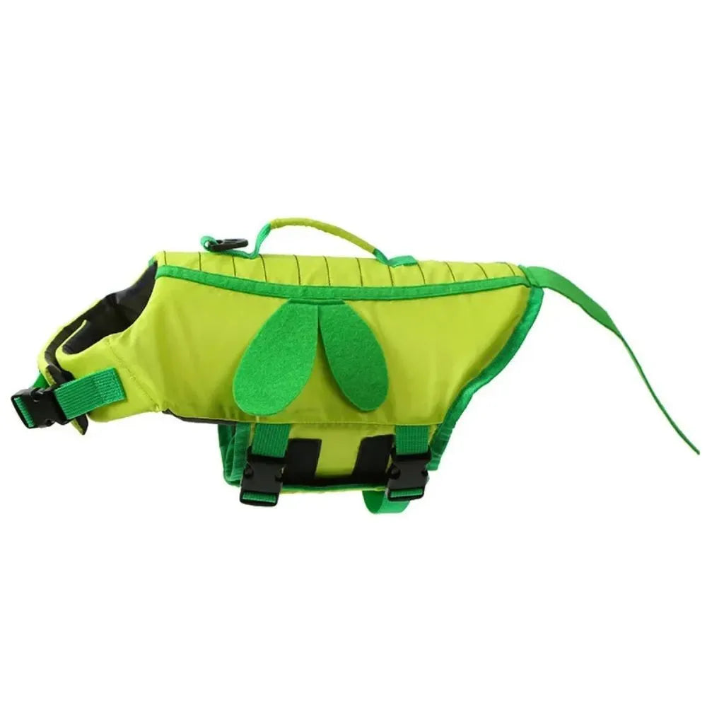 Green dog life vest with reflective panels and adjustable straps for swimming safety