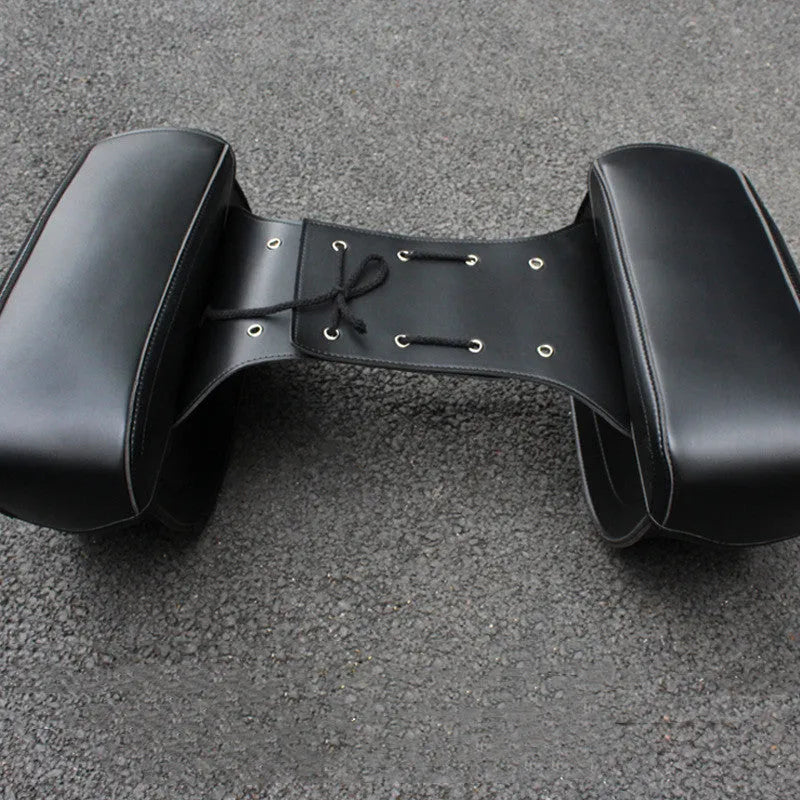 Motorcycle side box saddle bag constructed from PU leather with retro styling, measuring 42cm in length by 15cm in width by 30cm in height, available in black or coffee brown colour for convenient storage on your motorbike.