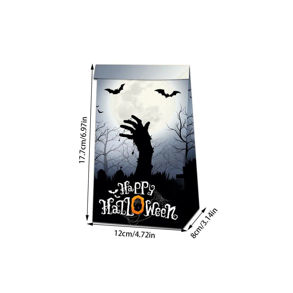 Set of 12 Halloween-themed paper bags and 18 decorative paper sealing stickers for party treats.