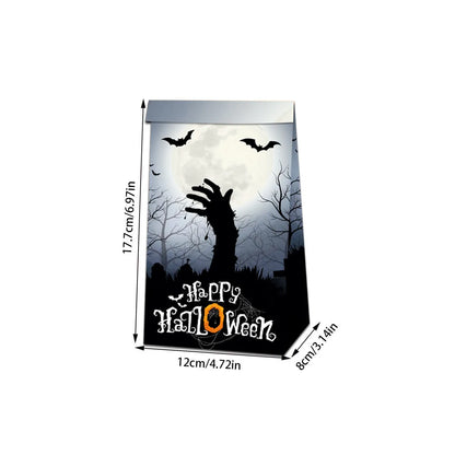 Set of 12 Halloween-themed paper bags and 18 decorative paper sealing stickers for party treats.