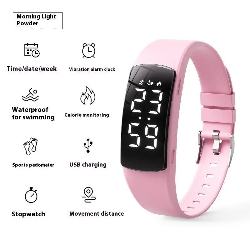 Smart electronic watch with vibration alarm on a silicone strap, showing LED display and 11mm thick case.