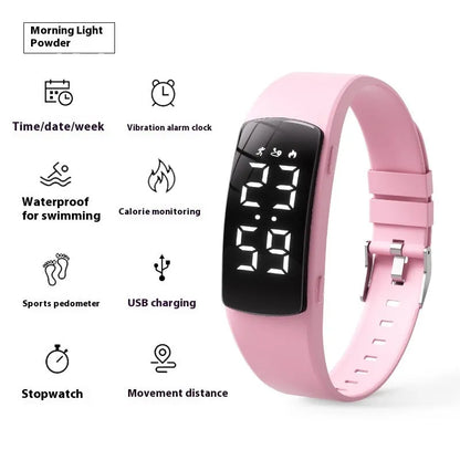 Smart electronic watch with vibration alarm on a silicone strap, showing LED display and 11mm thick case.
