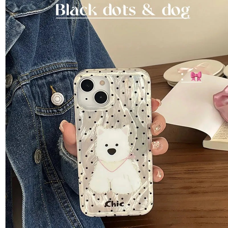 Polka dot West Highland dog TPU phone case in white feather yarn finish for Apple iPhone