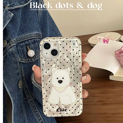 Polka dot West Highland dog TPU phone case in white feather yarn finish for Apple iPhone