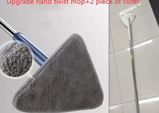 Blue extendable triangle cleaning mop with rotating head on a stainless steel pole.