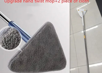 Blue extendable triangle cleaning mop with rotating head on a stainless steel pole.