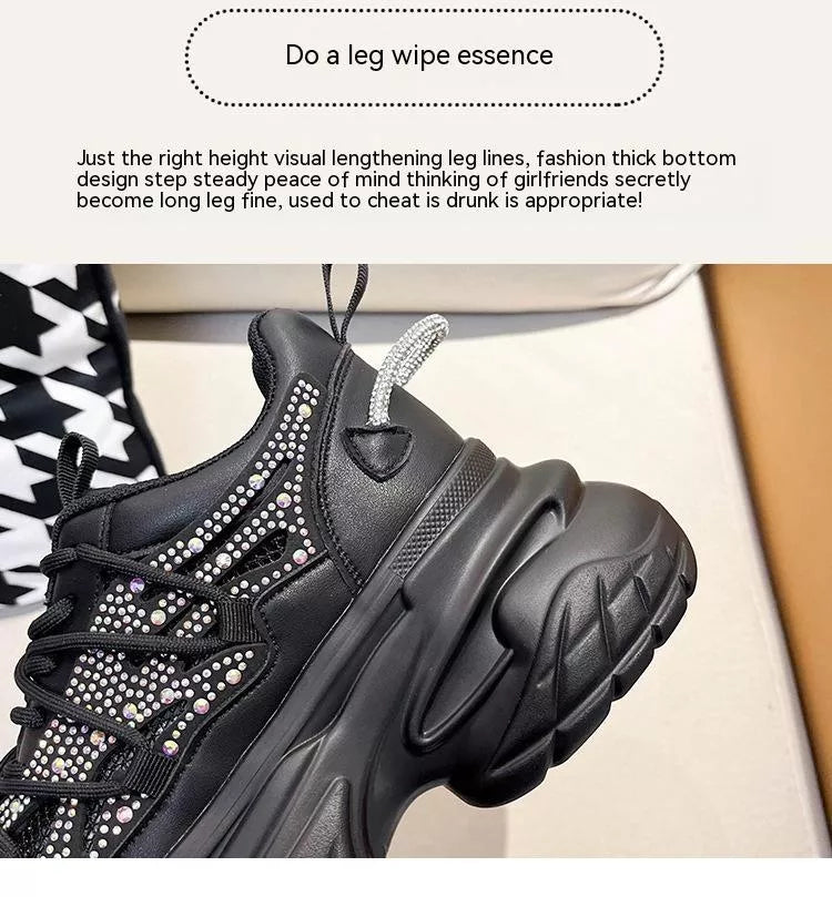 Women's summer mesh breathable sneakers with mid heel in black, white, and pink